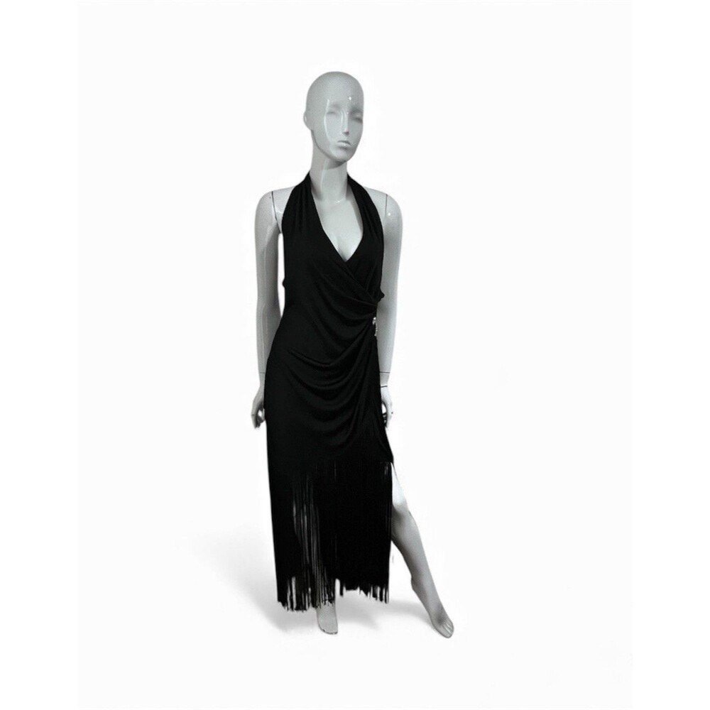 Vintage 80s Climax for David Howard Karen Okada Black Halter Fringe Gown 16 EUC
